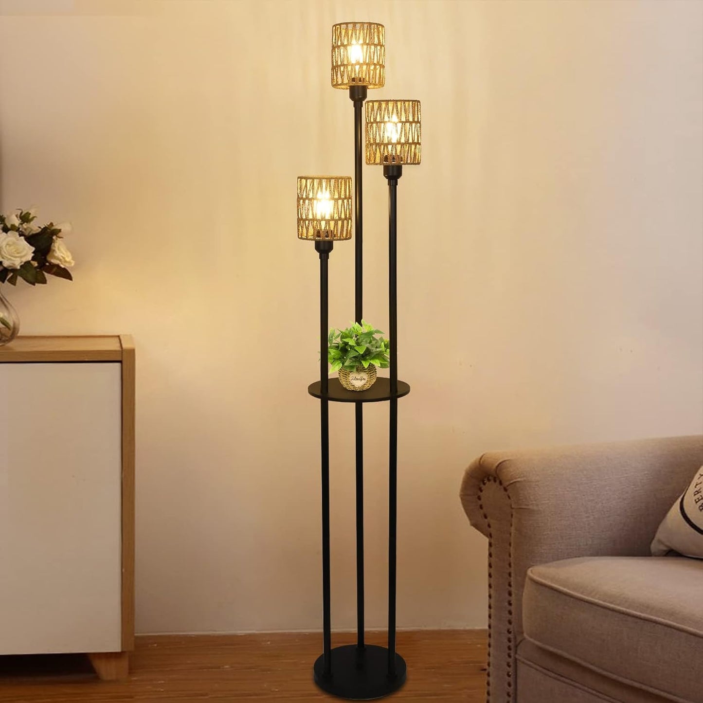 Aurora - Rustic Boho Floor Lamp with Shelves and Rattan Shades