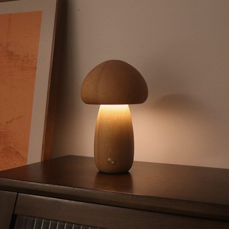 Wooden Mushroom LED Night Light - Cozy Touch Switch Lamp