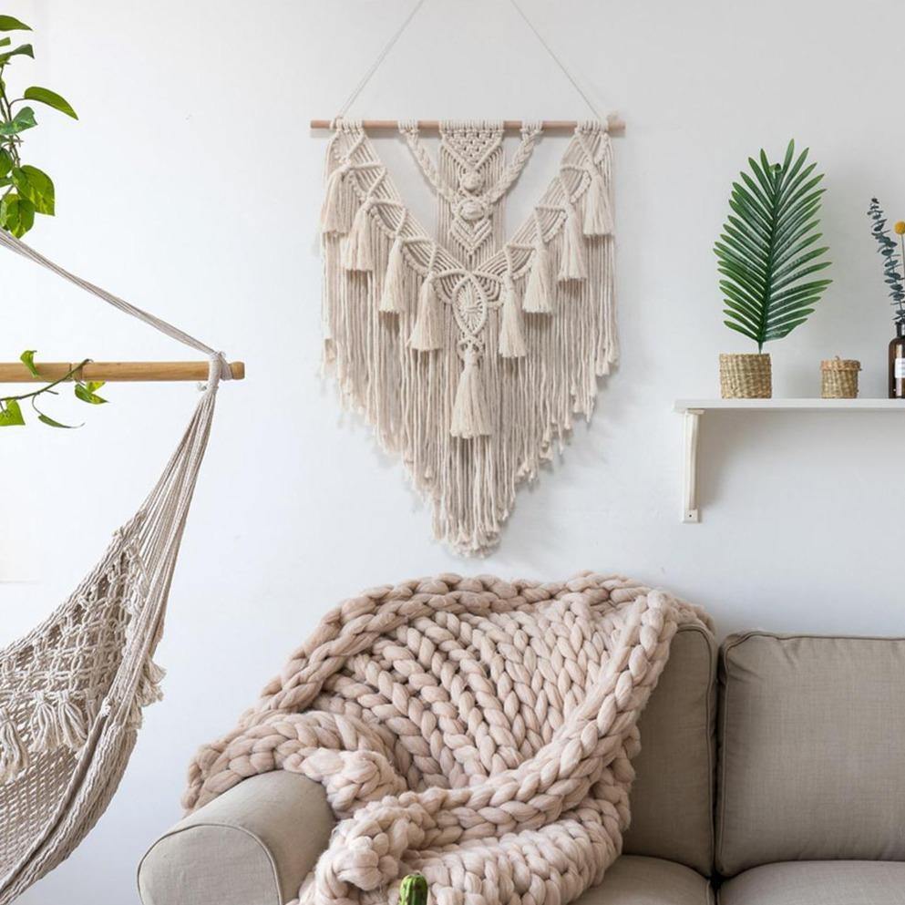 Hand-Woven Bohemian Macrame Wall Tapestry, Cream Cotton Tapestry Wall Hanging, 55cm x 70cm Geometric Woven Wall Hanging Decor