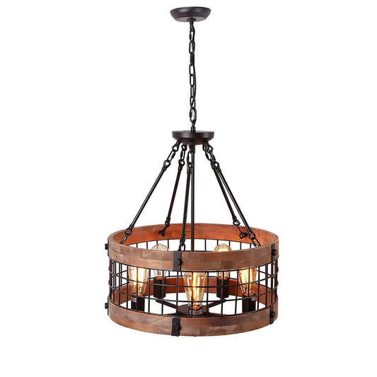 Round Wooden Chandelier Metal Pendant Five Lights Decorative Lighting Fixture Antique Ceiling Lamp (Five Lights) - Default Title - HomeRelaxOfficial