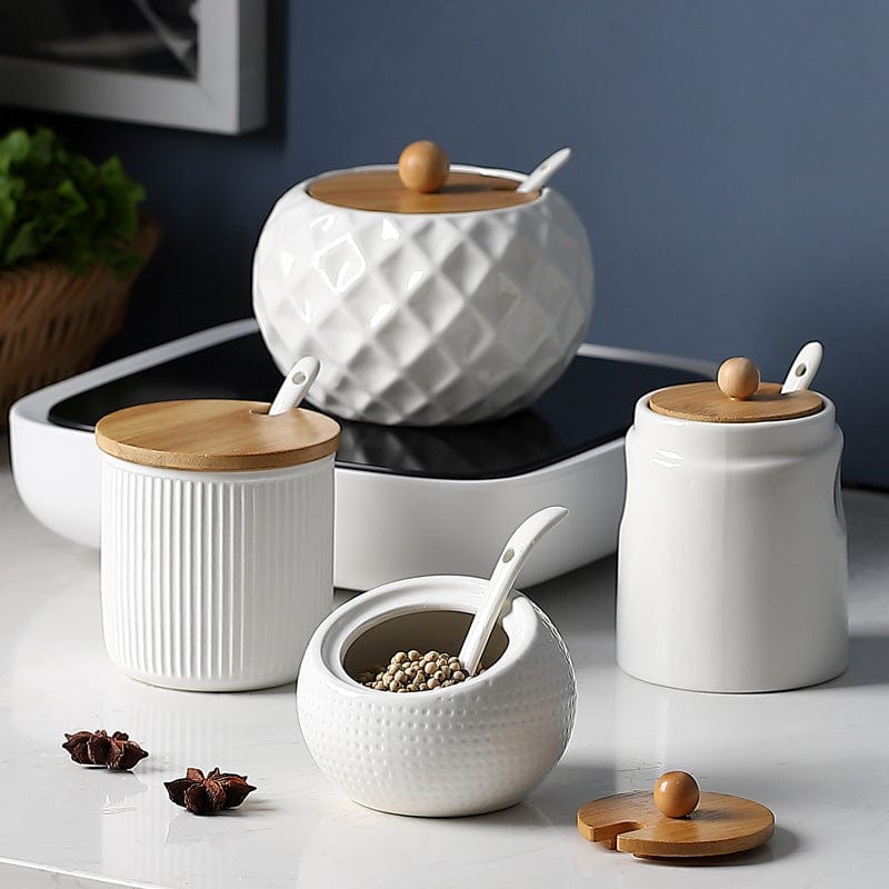 ADVEN Seasoning Pot Nordic Marble Pattern Ceramic Spice Jar Set Salt Kitchen  Matte Condiment Bottles Bamboo Spoon Container Set White/ single 
