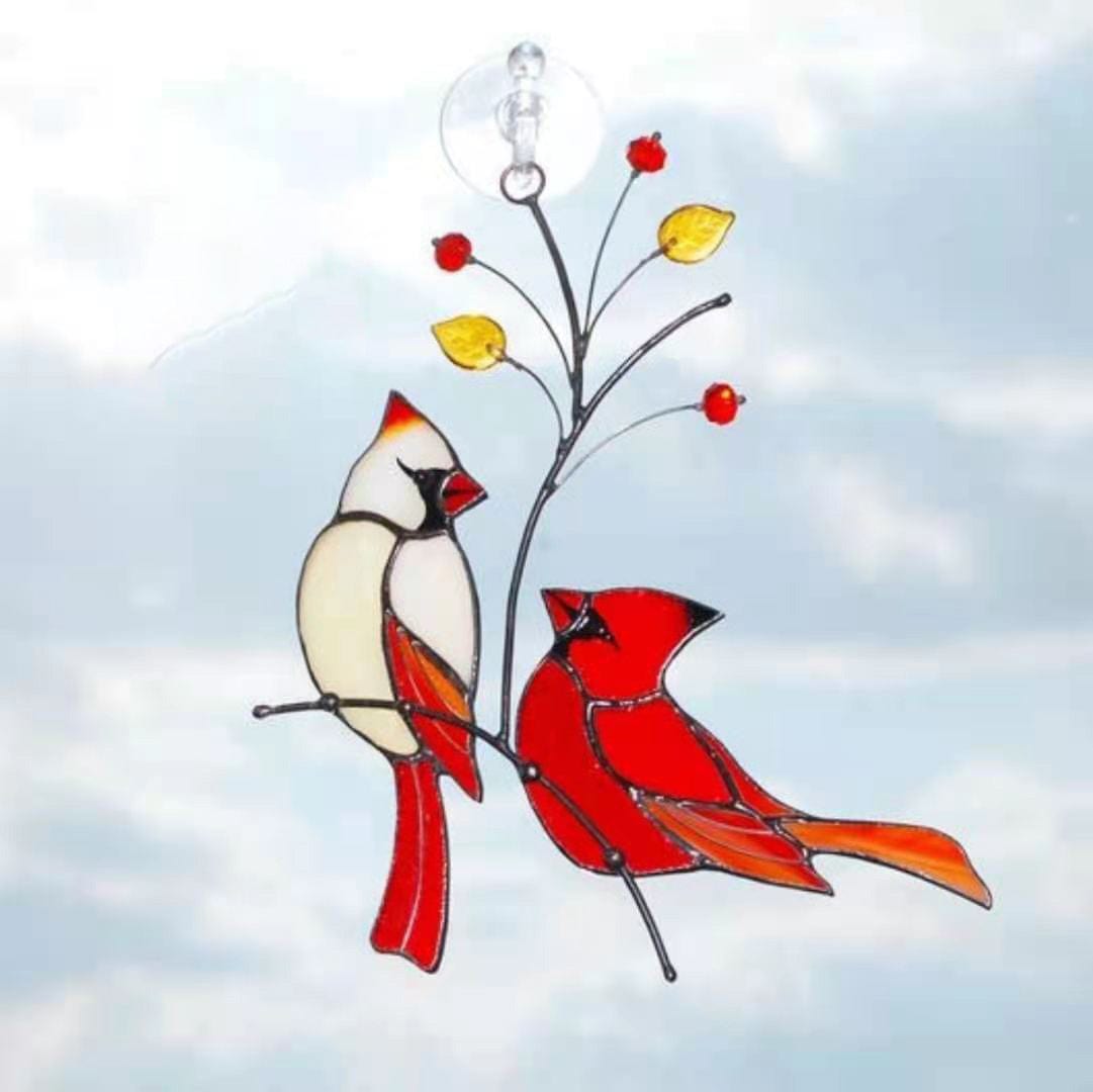 Cardinals Birds Stained Glass Ornament