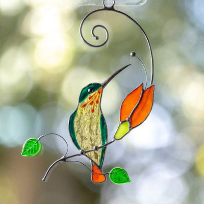 Hummingbird Stained Glass Window Ornament Art Hanging Chain