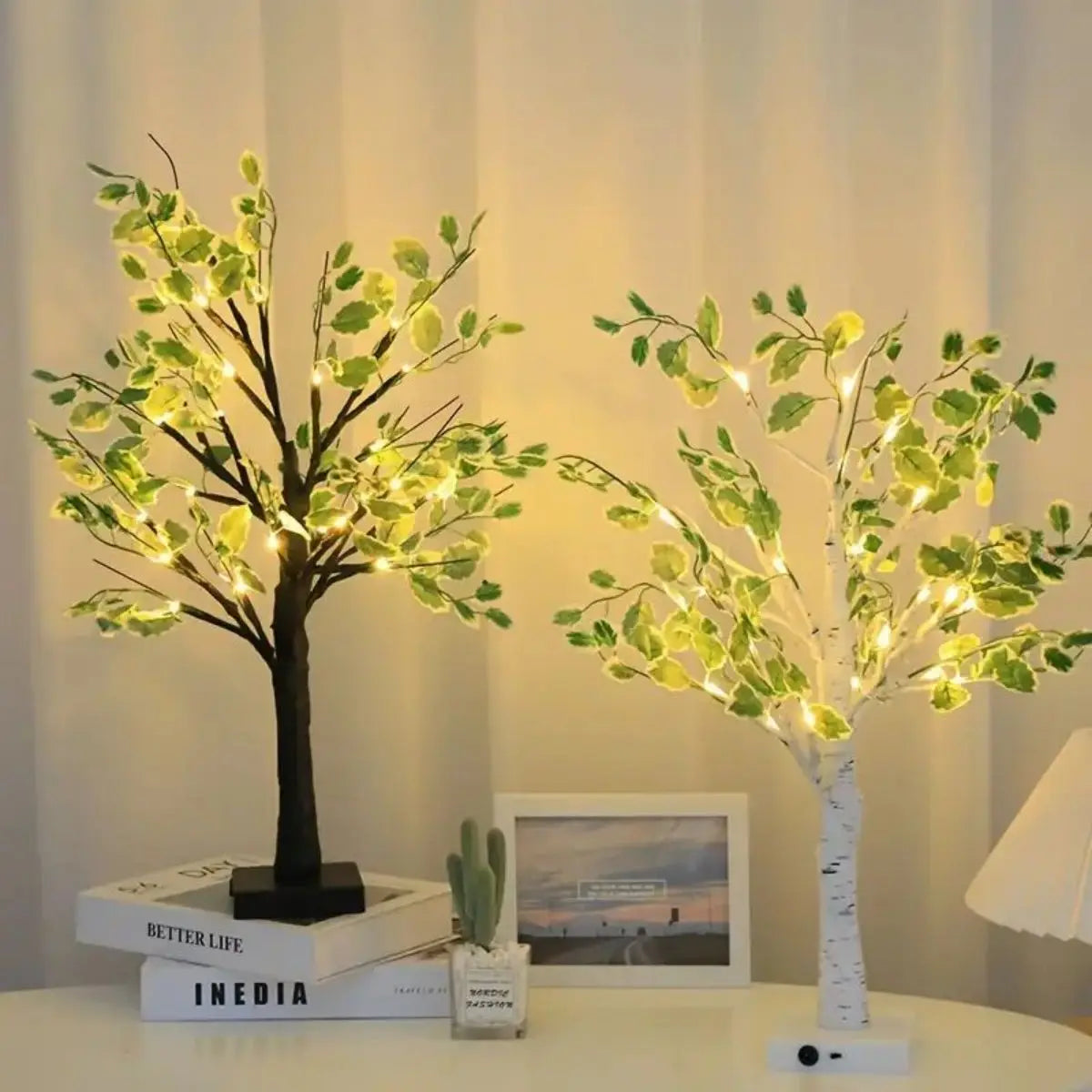 GlowBirch - 24 LED Green Leaf Birch Tree Light, Battery Operated Decor