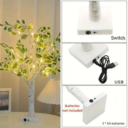 GlowBirch - 24 LED Green Leaf Birch Tree Light, Battery Operated Decor