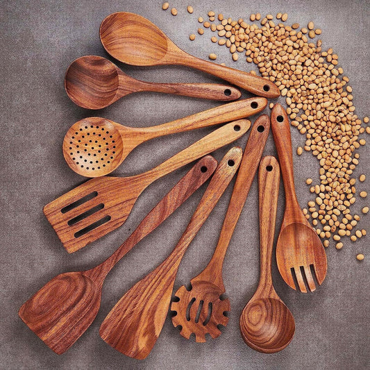 Svelture - Teak Wood Cooking Spoon Set, 9-Piece Non-Stick Safe