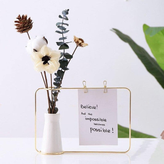 Elegant Iron Photo Display Board with Ceramic Vase and Clips, Versatile Hanging Photo Display for Home Decor