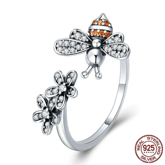 100% 925 Sterling Silver Trendy Bee & Daisy Flower Finger Rings for Women Adjustable Size