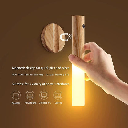 Glintora - Motion Sensor Wooden Night Light, USB Rechargeable