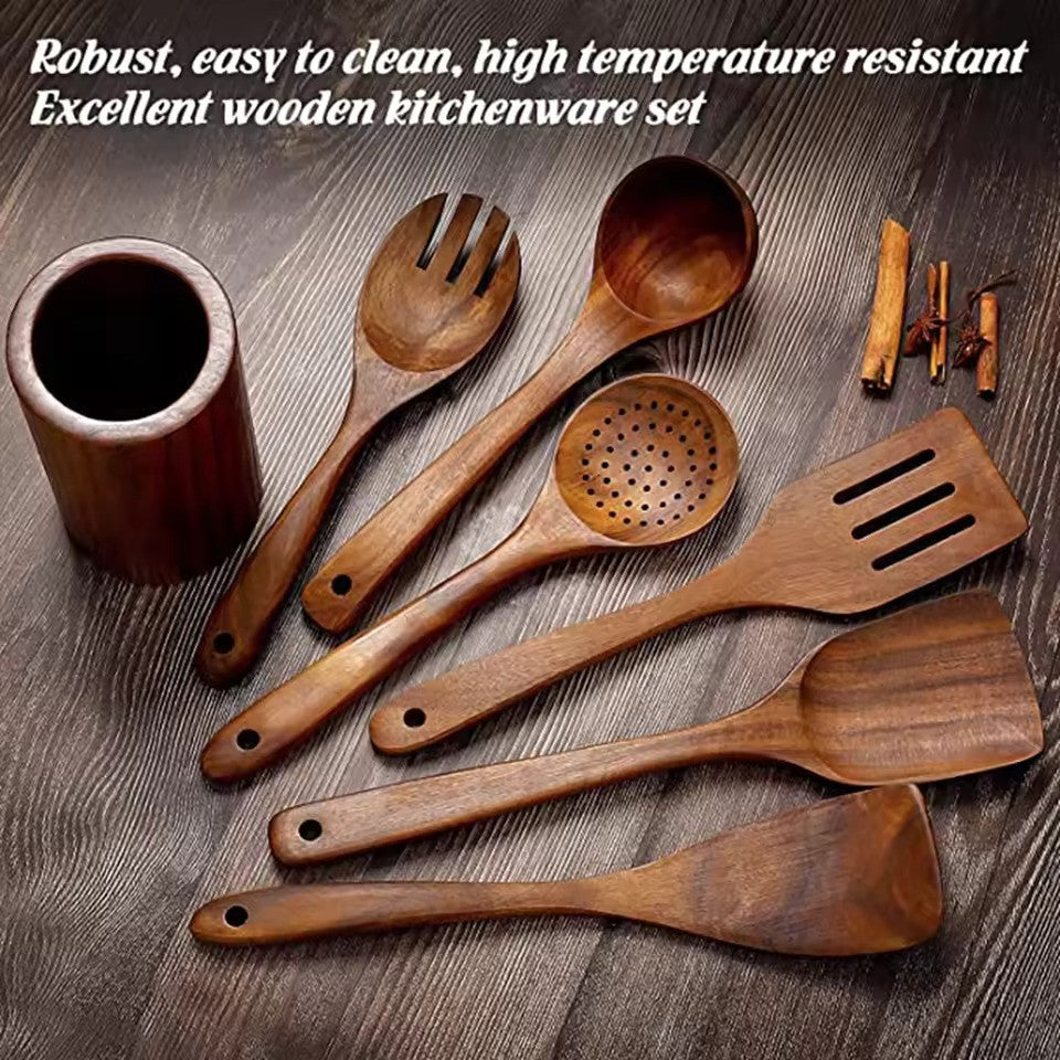 Svelture - Teak Wood Cooking Spoon Set, 9-Piece Non-Stick Safe