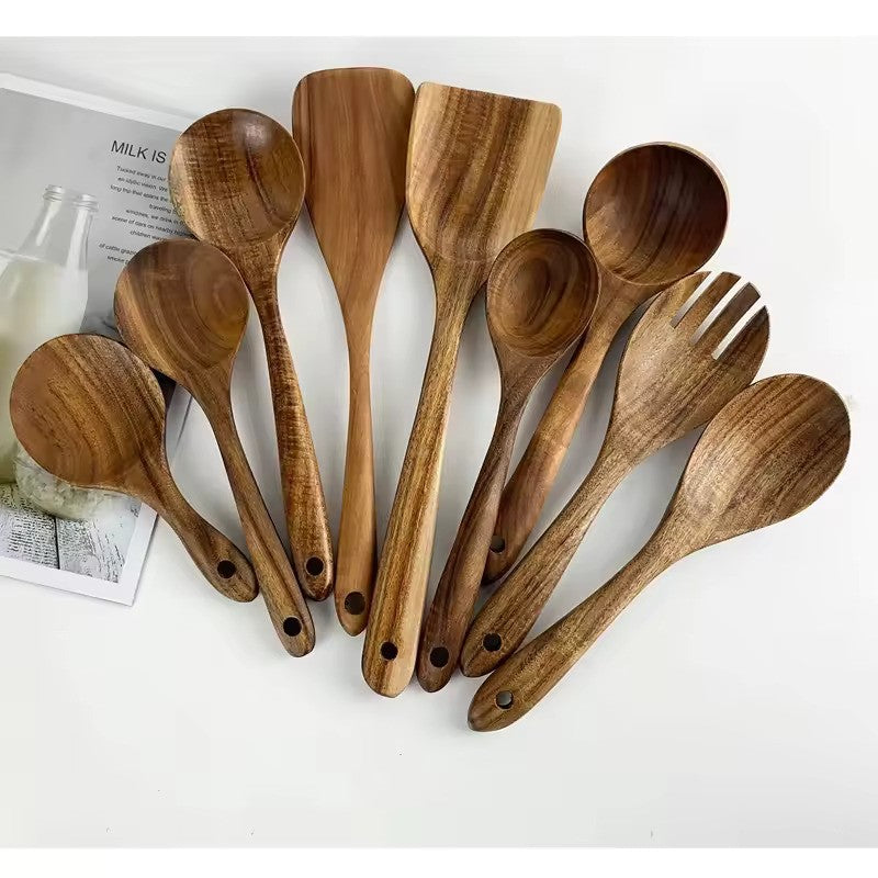 Svelture - Teak Wood Cooking Spoon Set, 9-Piece Non-Stick Safe