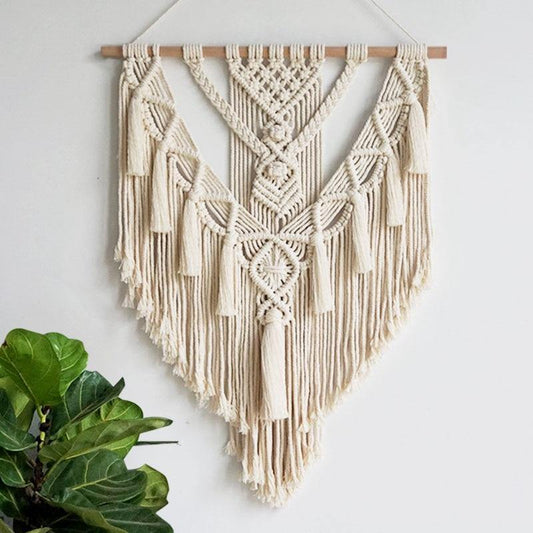 Hand-Woven Bohemian Macrame Wall Tapestry, Cream Cotton Tapestry Wall Hanging, 55cm x 70cm Geometric Woven Wall Hanging Decor