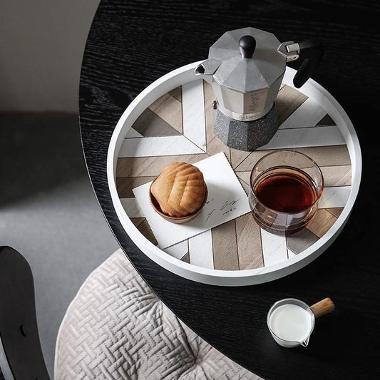 Round Wooden Organizer Tray, 30cm Diameter, Herringbone Pattern for Home Decor and Serving