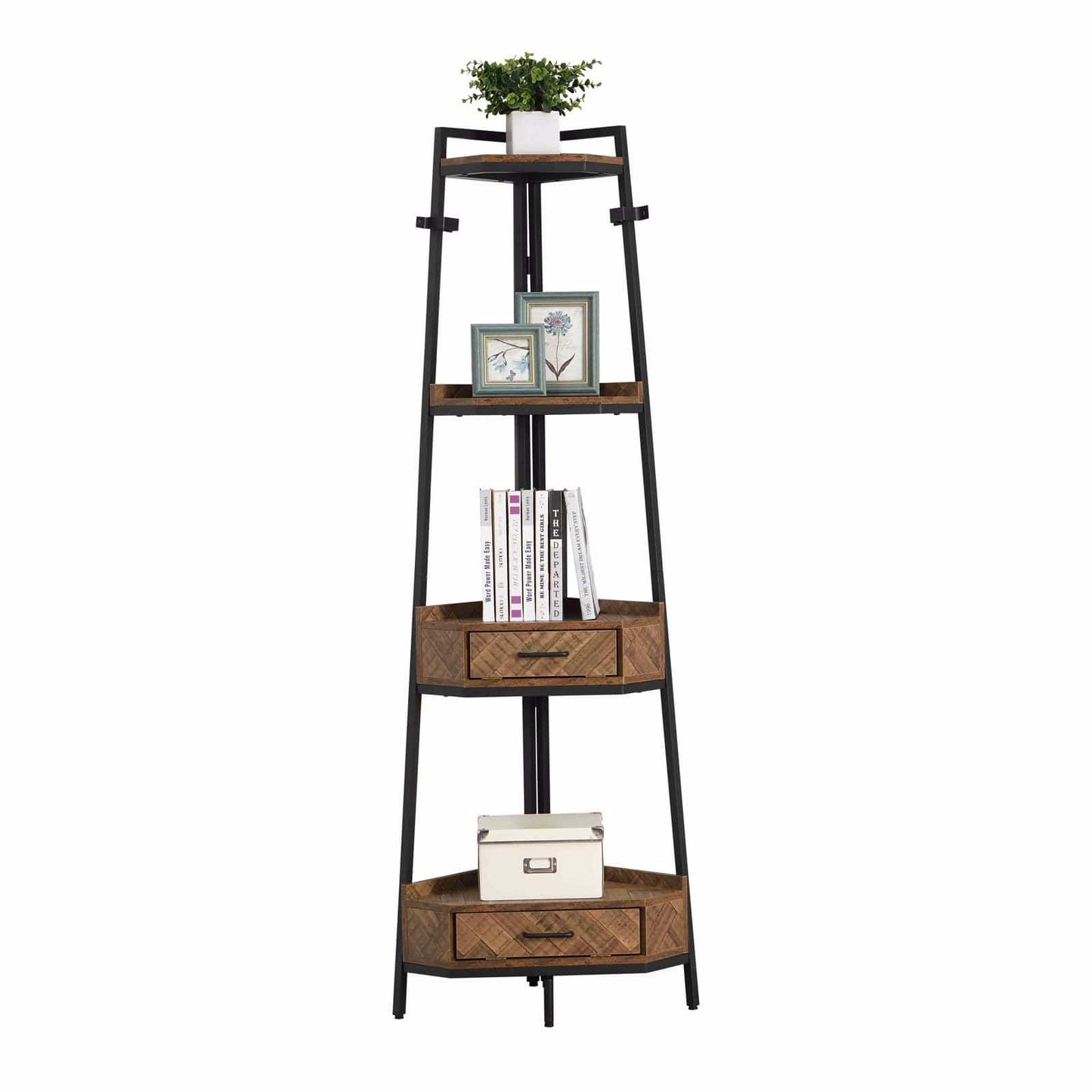 Corner Shelf with Two Drawers 72.64'' Tall, 4-tier Industrial Bookcase, Gold