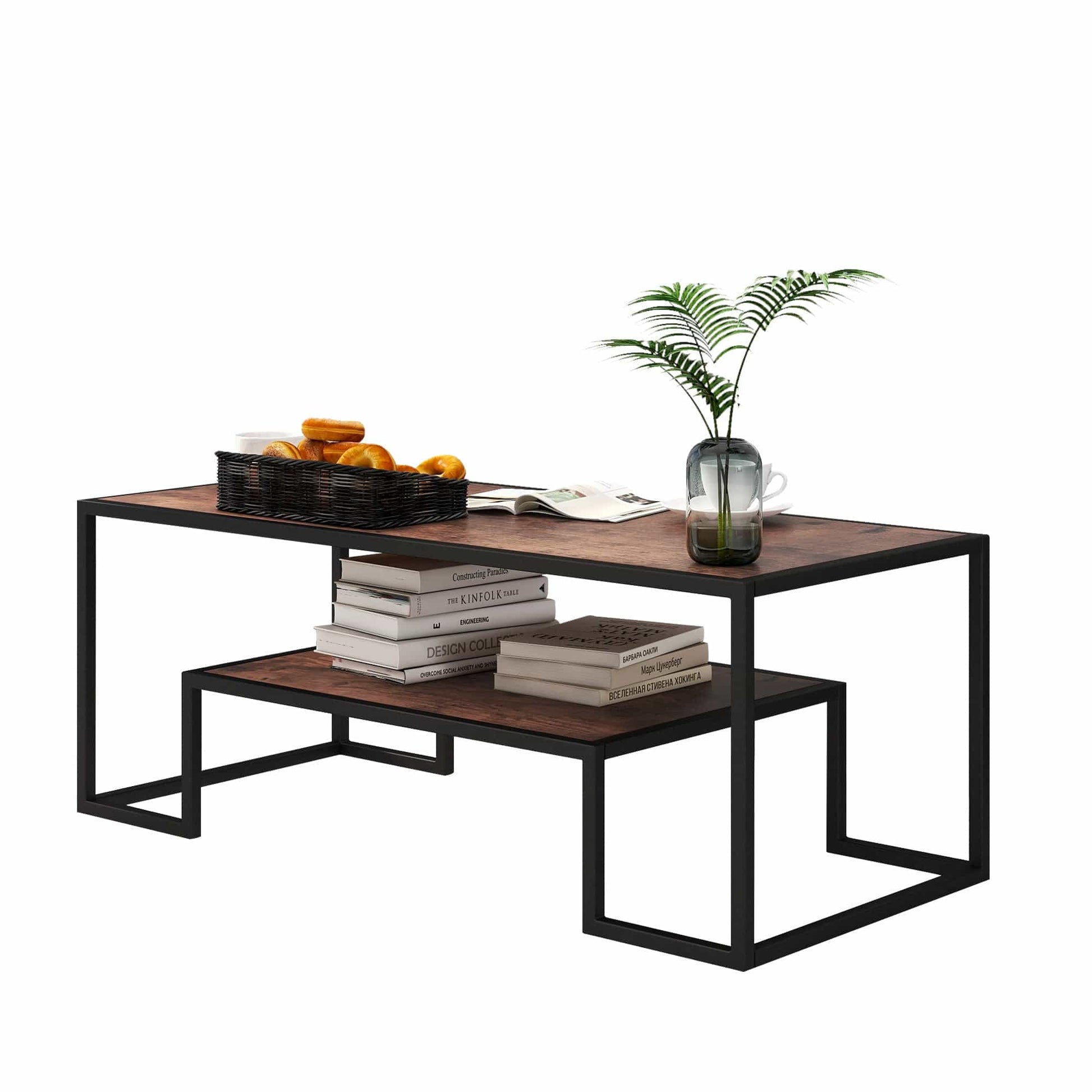 Modern Geometric-Inspired Wood Coffee Table, 2-Tier Sturdy Wood and Metal Cocktail Table for Home Living Room, Office, Rustic Oak - HomeRelaxOfficial