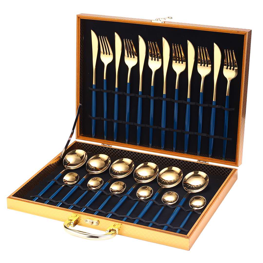 Unique 24pcs Cutlery Set Stainless Steel - Blue Gold With Box - 0 - HomeRelaxOfficial