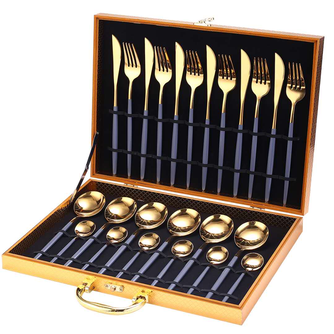 Unique 24pcs Cutlery Set Stainless Steel - Gray Gold With Box - 0 - HomeRelaxOfficial