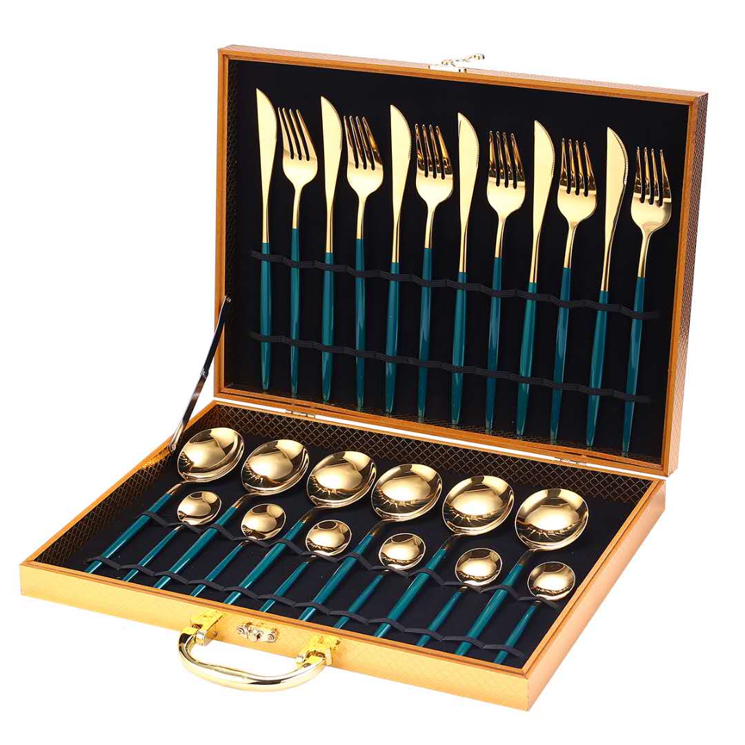 Unique 24pcs Cutlery Set Stainless Steel - Green Gold With Box - 0 - HomeRelaxOfficial