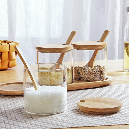 Seasoning Bamboo Storage Jar - Tray with three spice jars - Kitchen - HomeRelaxOfficial